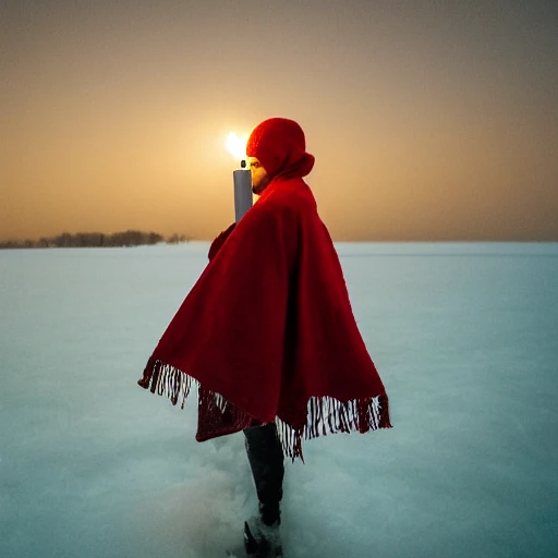 A large red scarf flies over a candle on a frozen lake