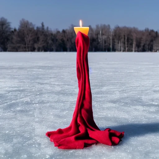 A large red scarf flies over a candle on a frozen lake