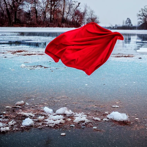 A large red scarf flies over a candle on a frozen lake