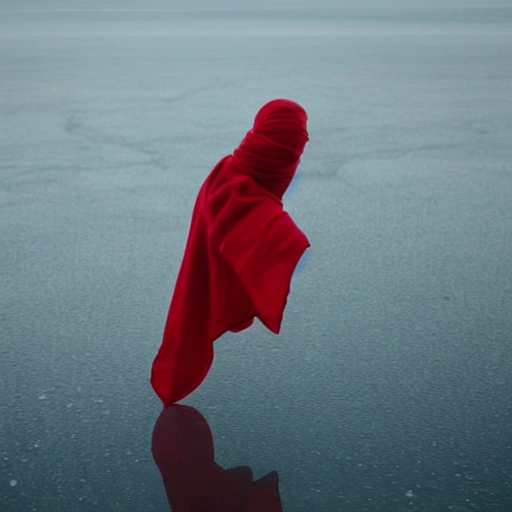 A large red scarf flies over a candle on a frozen lake