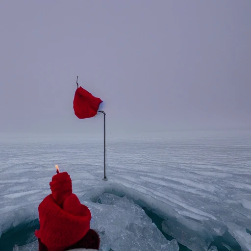 A large red scarf flies over a candle on a frozen lake