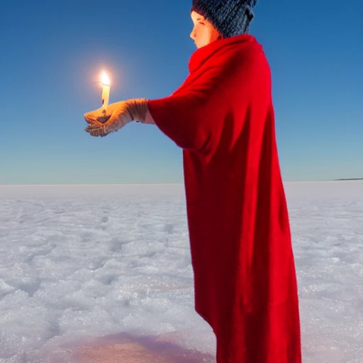 A large red scarf flies over a candle on a frozen lake