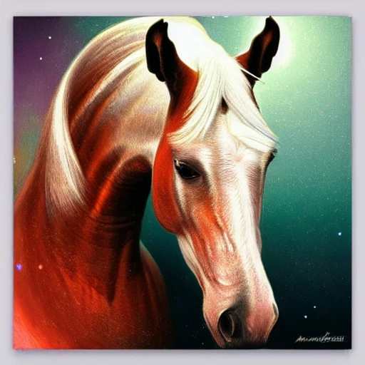 horse head, ultra realistic photo, bust shot, concept art, white shiney coat, arabian horse, cosmic energy, colorful, painting burst, beautiful symmetrical face, realistic round eyes, highly detailed, digital painting, artstation, concept art, smooth, sharp focus, illustration, dreamy magical atmosphere, art by artgerm and greg rutkowski and alphonse mucha, 4k, 8k