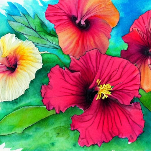 hibiscus, poppies and daffodils, Water Color - Arthub.ai