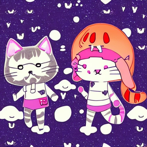 meow milk club on the moon, running by cats, kawaii chibi