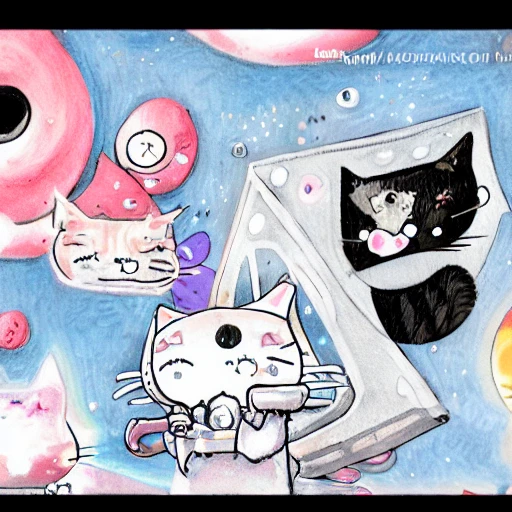 meow milk club on the moon, running by cats, kawaii chibi, Pencil Sketch