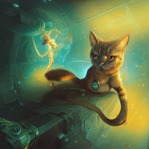 Cat in Time Machine, in space, Peter Mohrbacher style, Gustave Dore style, hyperdetailed, hd, elegant,  , Pencil Sketch