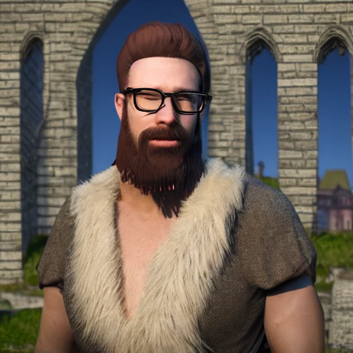 hyper-realistic, RPG, in game model, hyper detail, photorealistic, mage, male, short beard, glasses, standing, hyper facial details, a castle in the background, grandiose, 