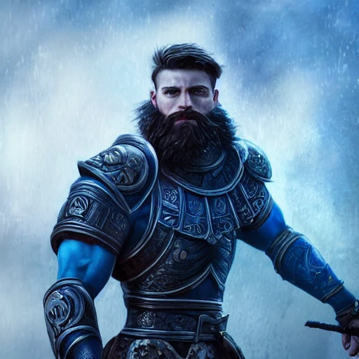 detailed blue eyes, extremely detailed, intricate, olumetric lighting, hyper realistic, concept art, awarding winning photography, octane render, muscular man with short beard and short hair, RPG game setting, medieval background, proud, sharp looks, Water Color, Oil Painting