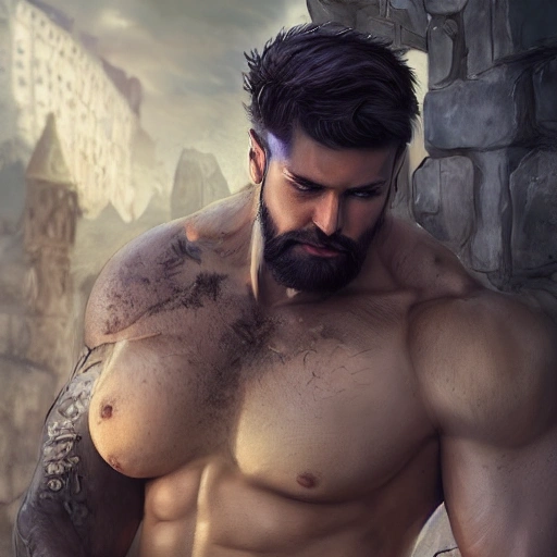 detailed blue eyes, extremely detailed, intricate, olumetric lighting, hyper realistic, concept art, awarding winning photography, octane render, muscular man with short beard and short hair, RPG game setting, medieval background, proud, sharp looks, Water Color, Oil Painting