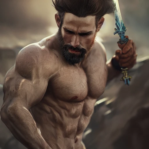 detailed blue eyes, extremely detailed, intricate, olumetric lighting, hyper realistic, concept art, awarding winning photography, octane render, muscular man with short beard and short hair, RPG game setting, medieval background, proud, sharp looks, Water Color, Oil Painting