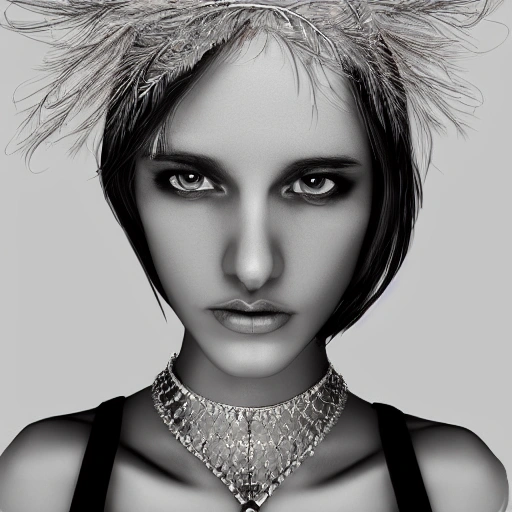 hyper realistic portrait of sexy girl, having a feather cap, a choker and luxurious necklaces, slender and slim, perfect naked breast, detailed eyes, coherent symmetrical face, digital art, perfect anatomy, hyper detailed, highly intricate, concept art, award winning photograph, rim lighting, sharp focus, 8k resolution wallpaper, smooth, denoise