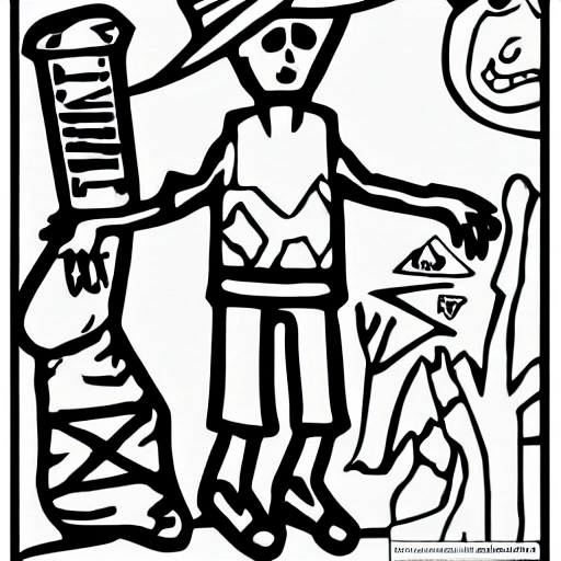 a coloring page, with a vector of "El Silbon", a character from horror stories in Venezuela. El Silbon is a tall and thin man, wearing a hat and espadrilles from the Venezuelan plains, who carries a sack on his back full of human bones of his victims. 