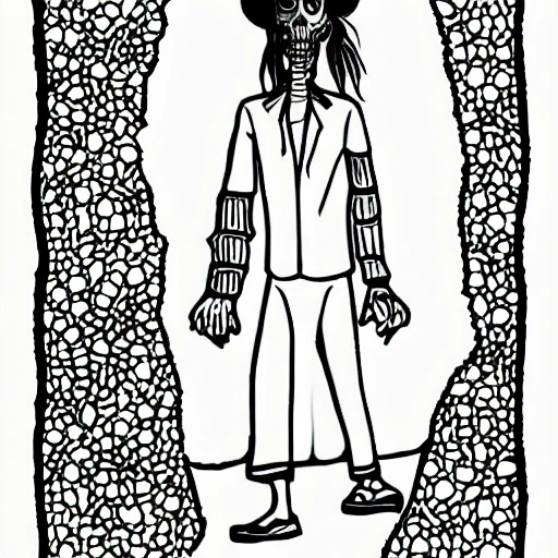 a coloring page, with a vector of "El Silbon", a character from horror stories in Venezuela. El Silbon is a tall and thin man, wearing a hat and espadrilles from the Venezuelan plains, who carries a sack on his back full of human bones of his victims. 