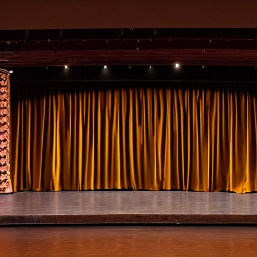 proscenium drama stage, with 2 actors on stage,  theatrical lighting, professional photograph. 4k, Tilt shift, long shot.