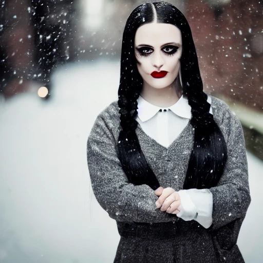 professional portrait photograph of a Wednesday Addams, ((sultry flirty look)), freckles, beautiful symmetrical face, cute natural makeup, ((standing outside in snowy city street)), stunning modern urban upscale environment, ultra realistic, concept art, elegant, highly detailed, intricate, sharp focus, depth of field, f/1.8, 85mm, medium shot, mid shot, (centered image composition), (professionally color graded), ((bright soft diffused light)), volumetric fog, trending on instagram, trending on tumblr, hdr 4k, 8k