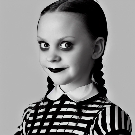 professional portrait photograph of a Wednesday Addams from the Addams Family multimedia franchise created by American cartoonist Charles Addams, ultra realistic, concept art, elegant, highly detailed, intricate, sharp focus, depth of field, f/1.8, 85mm, medium shot, mid shot, (centered image composition), (professionally color graded), ((bright soft diffused light)), volumetric fog, trending on instagram, trending on tumblr, hdr 4k, 8k