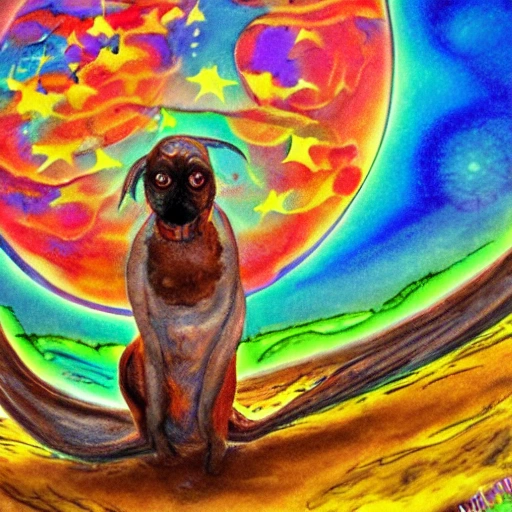 buring moon with a dog , Trippy, Cartoon, 3D, Water Color, Oil Painting, Oil Painting