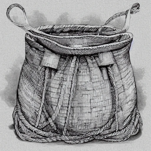 book illustration of (one large antique cloth bag tied with a rope), concept, d & d, high fantasy, detailed, digital art, artstation, smooth, sharp focus, fantasy, intricate, elegant, highly detailed, digital painting, isometric, concept art, illustration, artstation trending, pixiv, deviantart, (((!!!solid background!!!!))), (((white background))), (((transparent background))), Water Color, Oil Painting