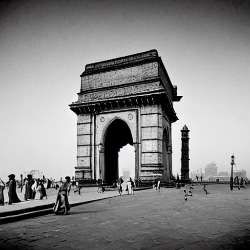 a single realistic photo of the Gateway of India Mumbai, period 1930s, Black and White, Professional Photograph,  long shot,  realistic.