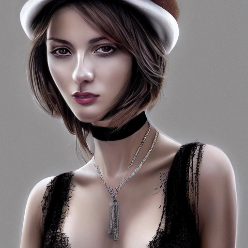 hyper realistic portrait of sexy girl, having a cap, a choker and luxurious necklaces, slender and slim, perfect naked breast, detailed eyes, coherent symmetrical face, digital art, perfect anatomy, hyper detailed, highly intricate, concept art, award winning photograph, rim lighting, sharp focus, 8k resolution wallpaper, smooth, denoise