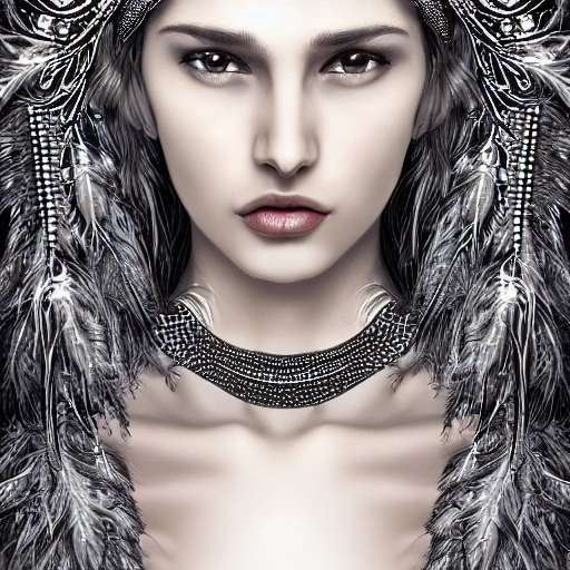 hyper realistic portrait of sexy girl, having a feather cap, a choker and luxurious necklaces, slender and slim, perfect naked breast, detailed eyes, coherent symmetrical face, digital art, perfect anatomy, hyper detailed, highly intricate, concept art, award winning photograph, rim lighting, sharp focus, 8k resolution wallpaper, smooth, denoise, Trippy