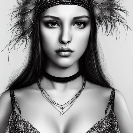 hyper realistic portrait of sexy girl, having a feather cap, a choker and luxurious necklaces, slender and slim, perfect naked breast, detailed eyes, coherent symmetrical face, digital art, perfect anatomy, hyper detailed, highly intricate, concept art, award winning photograph, rim lighting, sharp focus, 8k resolution wallpaper, smooth, denoise, Pencil Sketch