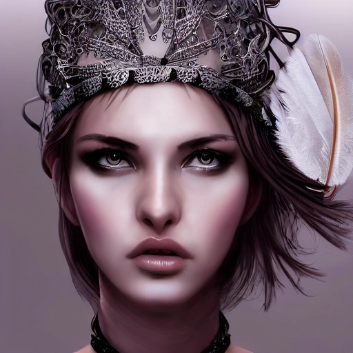 hyper realistic portrait of sexy girl, having a feather cap, a choker and luxurious necklaces, slender and slim, perfect naked breast, detailed eyes, coherent symmetrical face, digital art, perfect anatomy, hyper detailed, highly intricate, concept art, award winning photograph, rim lighting, sharp focus, 8k resolution wallpaper, smooth, denoise, Cartoon