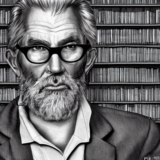 hyper realistic portrait of midleage men, grey hair, glasses, philosofer, elegant dressed, in a library, detailed eyes, coherent symmetrical face, digital art, perfect anatomy, hyper detailed, highly intricate, concept art, award winning photograph, rim lighting, sharp focus, 8k resolution wallpaper, smooth, denoise, Pencil Sketch, 3D, Water Color