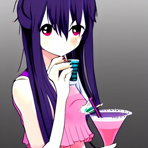 anime girl, goth girl, egirl, anime girl, anime render, drinking a cocktail, nightlife setting, laughing, coy, gorgeous --niji