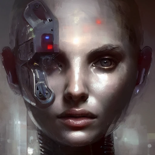 Professional painting of biorobot with bionic parts by Jeremy Mann, Rutkowski, and other Artstation illustrators, intricate details, portrait, face, closeup, headshot, mugshot, illustration, UHD, 4K, 3D