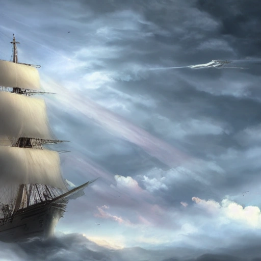 galion grand navire à voiles armé navigant sur un nuage dans un ciel étoilés, , hyper-realistic, perfect composition, , highly detailed, trending on artstation, ultra detailed, 