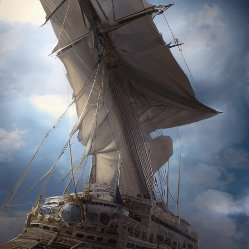 galion grand navire à voiles armé navigant sur un nuage dans un ciel étoilés, , hyper-realistic, perfect composition, , highly detailed, trending on artstation, ultra detailed, , 3D