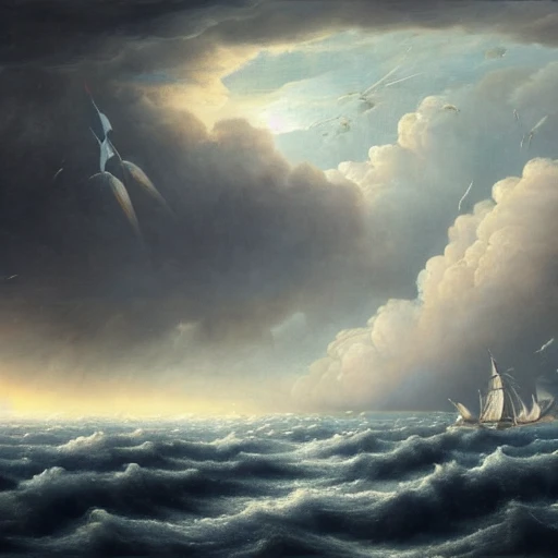 complet galion futuriste, grand navire à voiles armé de canons et voiles  navigant dans une tempête sur un nuage dans un ciel étoilés, , hyper-realistic, perfect composition, , highly detailed, trending on artstation, ultra detailed, 8k Ultra,, Oil Painting