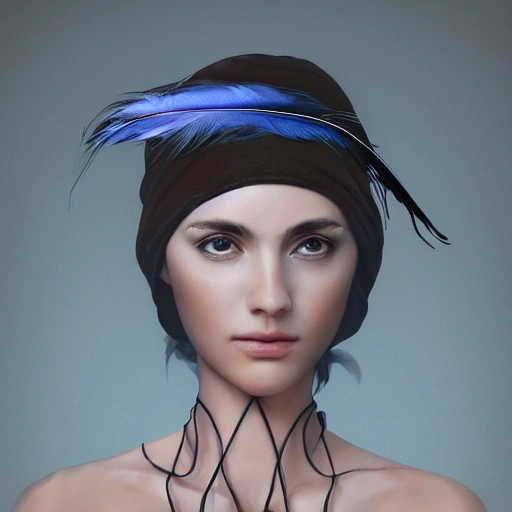 hyper realistic portrait of sexy girl, having a feather cap, a choker and luxurious necklaces, slender and slim, perfect naked breast, detailed eyes, coherent symmetrical face, digital art, perfect anatomy, hyper detailed, highly intricate, concept art, award winning photograph, rim lighting, sharp focus, 8k resolution wallpaper, smooth, denoise