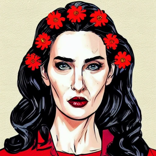 comic book style (( full body)) portrait of a woman  with the face of  Monica Bellucci  mixed with eva green mixed with Jennifer Connelly  mixed with Cate Blanchett with  the nose of María Valverde,  with long black hair and extremely wavy  with lots of curls. in contrast to pale skin, wearing a red button-up shirt with a flower print, face looking down,  preparing food in the kitchen with big window behind, behind the window a garden, professional photography, natural lighting coming from the window in the background. sharp focus,  
