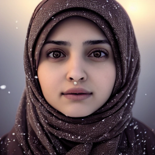 portrait of muslim girl, in the winter season with snow, detailed face, exact proportion, soft cinematic lighting, muted colours, hyperrealistic, 8k, octane render,