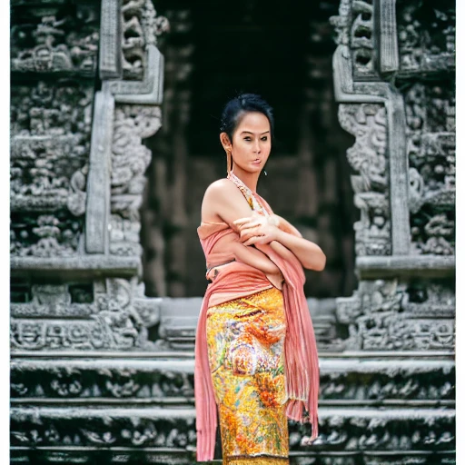 portrait of lyodra wearing kebaya in bali temple, natural light, detailed face, beautiful features, symmetrical, canon eos c 3 0 0, ƒ 1. 8, 3 5 mm, 8 k, medium - format print, half body shot 