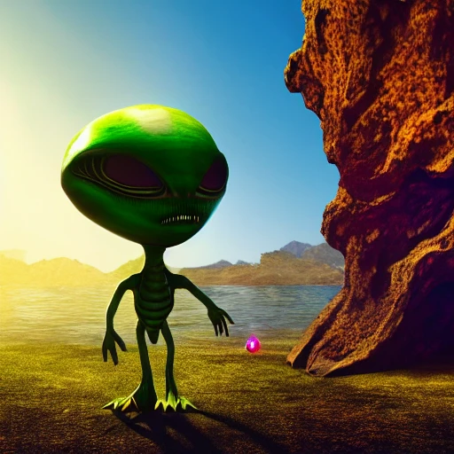 Alien in wonderland, alien walking on the riverside, sunshine flashing beside the alien, 3d render 