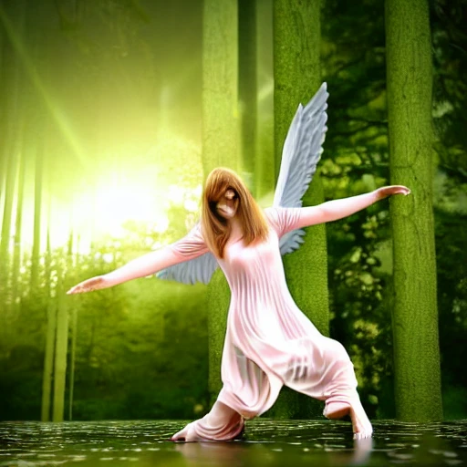 An angel sent from above, dancing in the rain, sun shining in the rain, attractive dance pose, environment of evergreen forest, 3d render