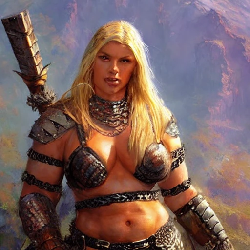 excellent quality bust portrait of a big and strong barbarian woman wearing chainmail by aleksi briclot and craig mullins, sunlight, in the mountains, volumetric lighting, blonde hair