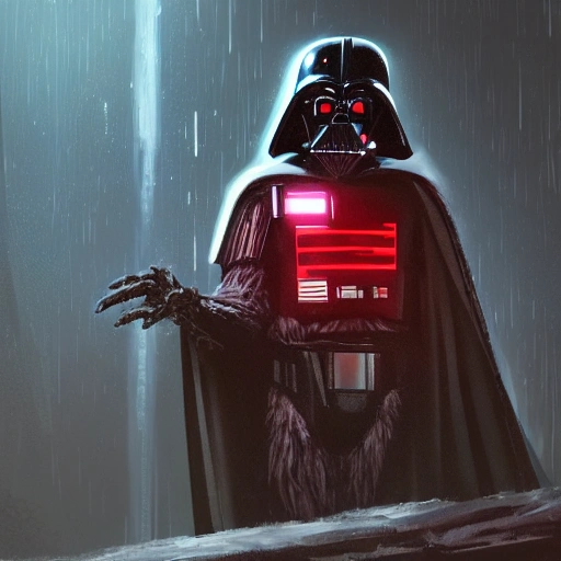 Star Wars scene artificial intelligence a wookie wearing black sith knight cape holding a red lightsaber in it's paw, showing R2D2 and 3PO in background, artstation trends, concept art, highly detailed, intricate, sharp focus, digital art, 8 k,