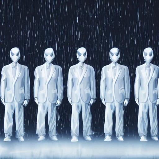 a group of creepy evil abstract non-human horror creatures with no face wearing white suits posing for a group photo, concept art, cyberpunk HQ, Trippy, Trippy, Trippy