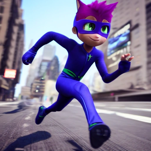 pj masks catboy running in NYC, slim black suit, wide angle lense, hyper realistic, unreal engine 5 rendered, intricate details, ray tracing, dynamic pose, cinematic lighting, cyberpunk