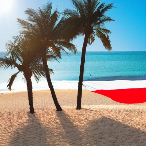 oman, beach, 3d, palm, flag, boat, mdjrny-v4, landscape, seat on yacht, 16:8, sunlight