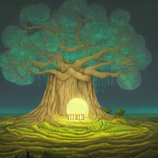 Digital painting of a surreal landscape featuring a giant tree with a house built into its trunk, surrounded by a sea of clouds. The scene is lit by a bright full moon and the tree's branches are adorned with glowing lanterns. 