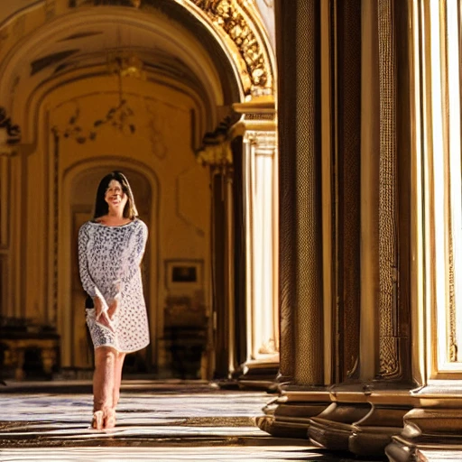 woman, smiling, palace interior, warm, golden hour, beautiful, majestic, semi-realistic