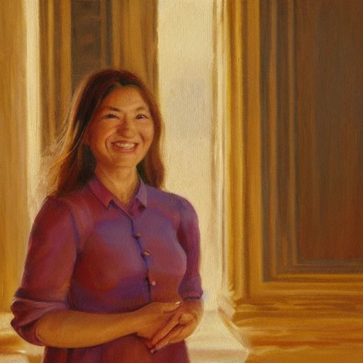 woman, smiling, palace interior, warm, golden hour, beautiful, majestic, semi-realistic, Oil Painting