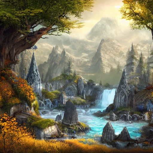 elven city in the mountains with fallwaters, elegant, sunny, impressive, high-detail, digital art