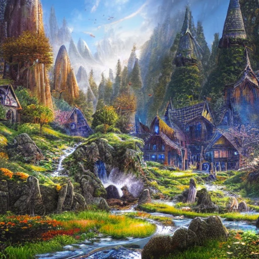 elven city in the mountains with fallwaters, trees , animals, elegant, sunny, impressive, high-detail, digital art, 8K ultra